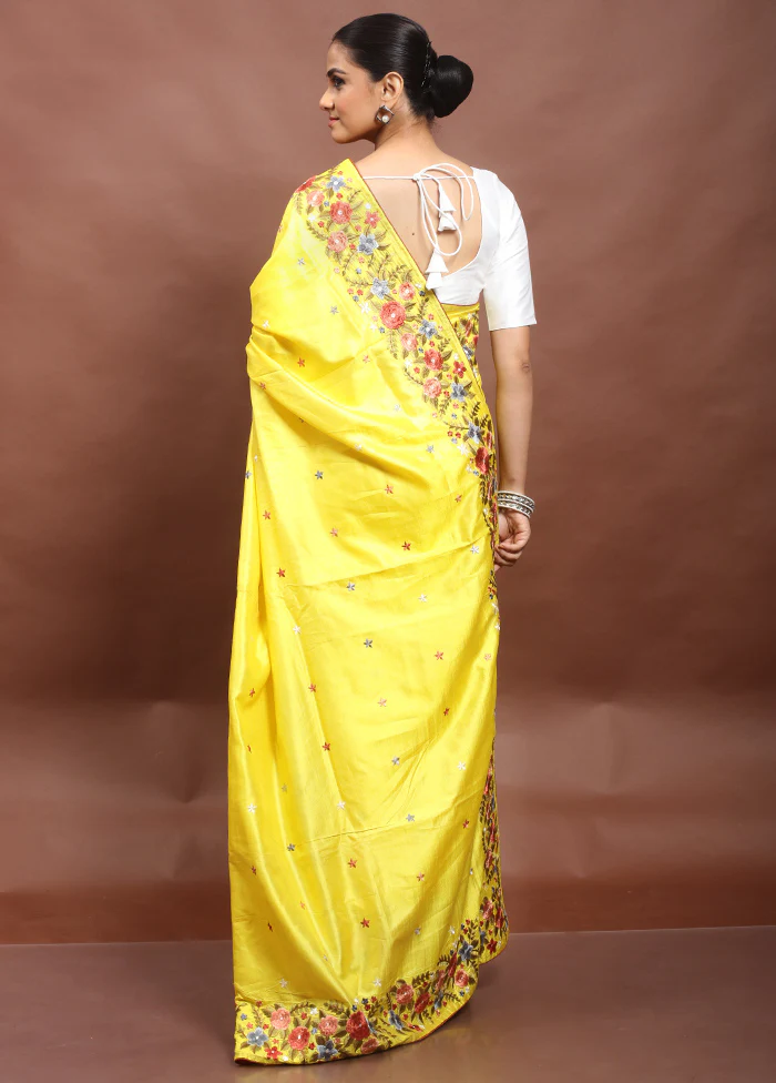 Yellow Handloom Tussar Pure Silk Saree With Blouse Piece - Image 3