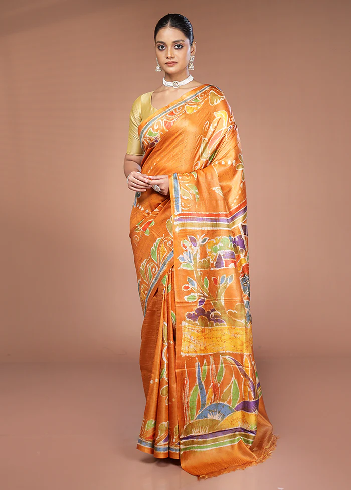 Yellow Handloom Tussar Pure Silk Saree With Blouse Piece - Image 2