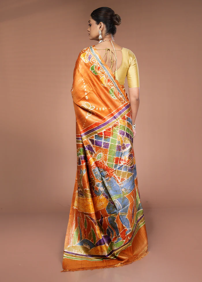 Yellow Handloom Tussar Pure Silk Saree With Blouse Piece - Image 3