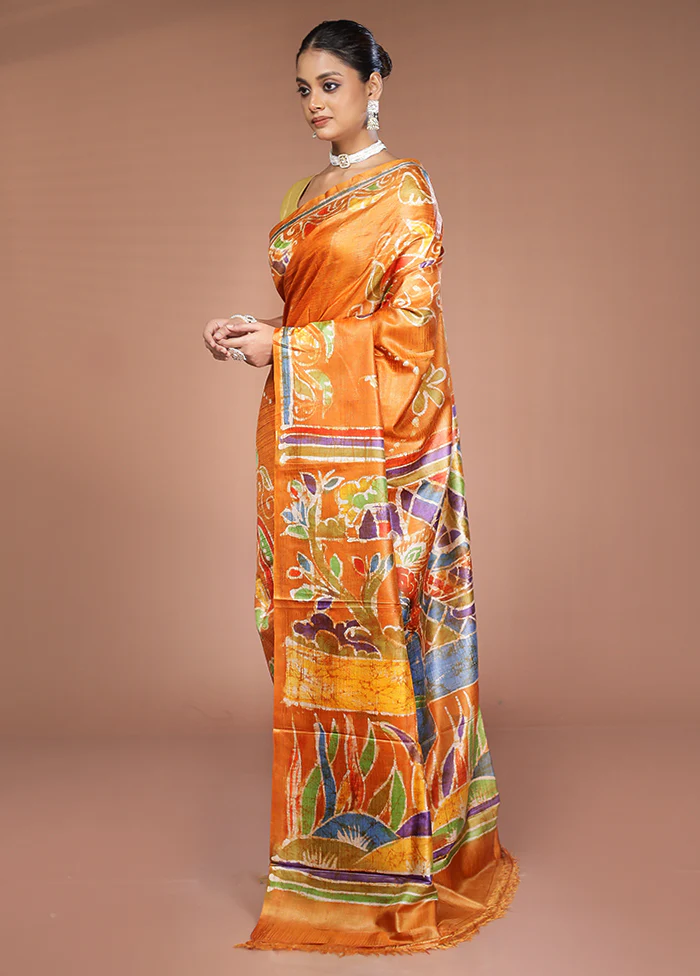 Yellow Handloom Tussar Pure Silk Saree With Blouse Piece - Image 4