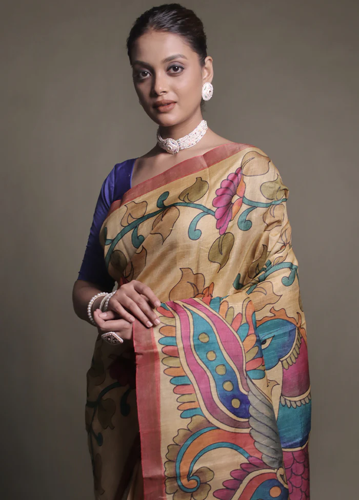 Yellow Handloom Tussar Pure Silk Saree With Blouse Piece - Image 2