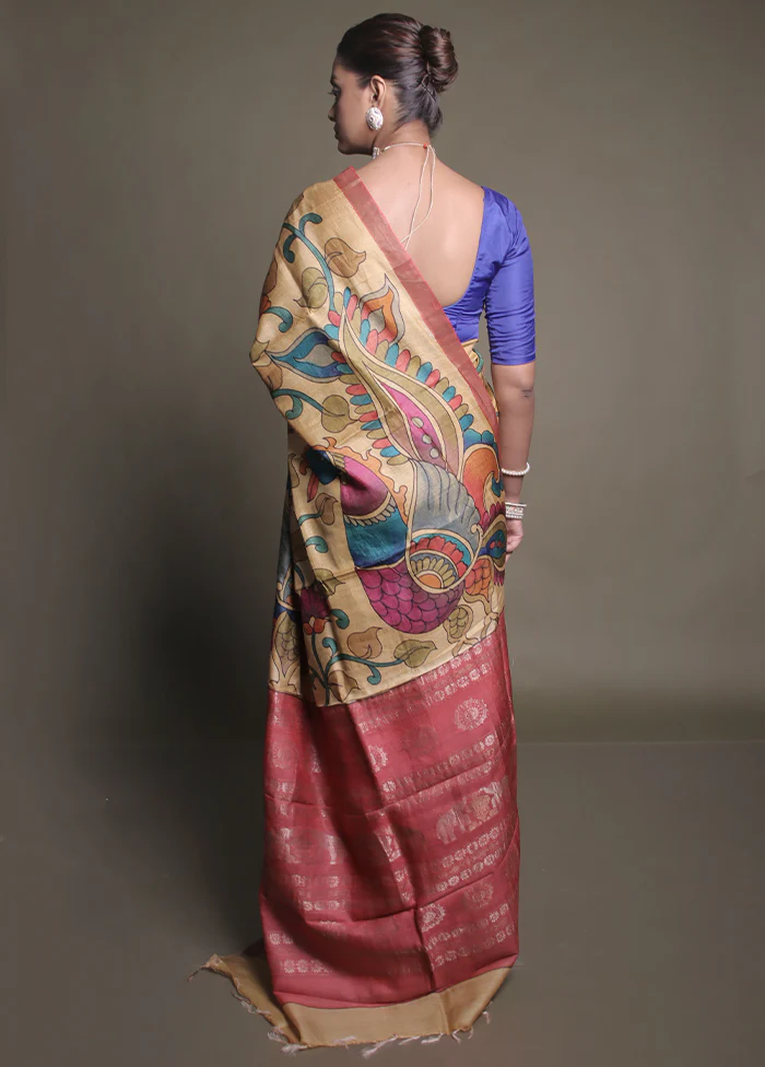 Yellow Handloom Tussar Pure Silk Saree With Blouse Piece - Image 3