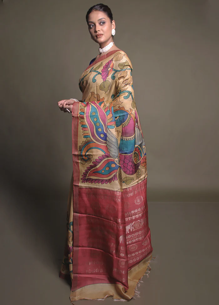 Yellow Handloom Tussar Pure Silk Saree With Blouse Piece - Image 4