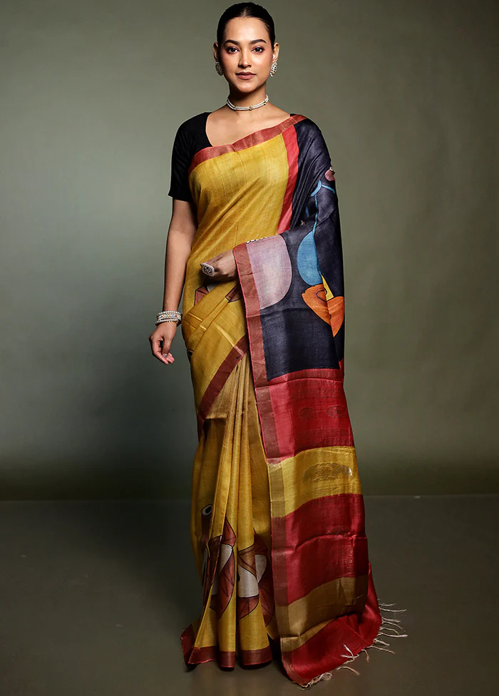 Yellow Handloom Tussar Pure Silk Saree With Blouse Piece - Image 2