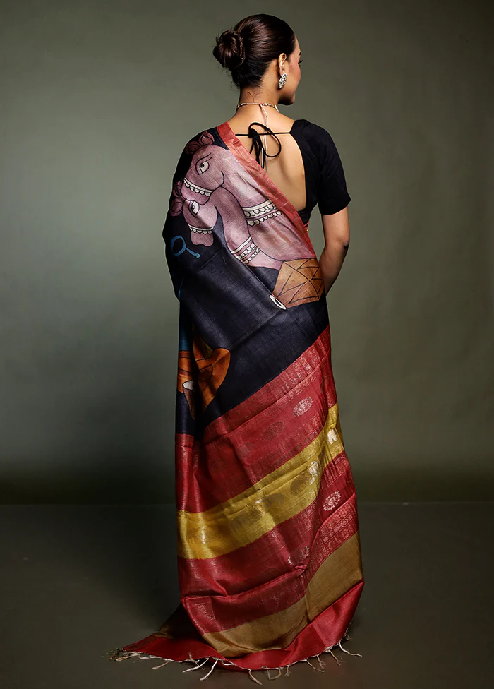 Yellow Handloom Tussar Pure Silk Saree With Blouse Piece - Image 3