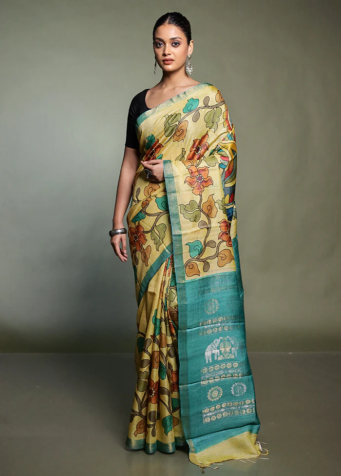 Yellow Handloom Tussar Pure Silk Saree With Blouse Piece - Image 2