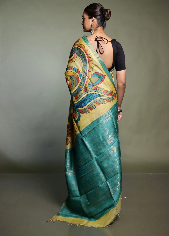 Yellow Handloom Tussar Pure Silk Saree With Blouse Piece - Image 3