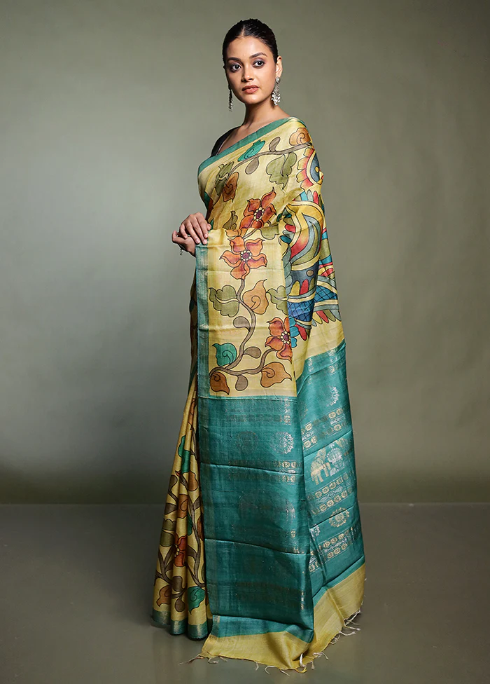 Yellow Handloom Tussar Pure Silk Saree With Blouse Piece - Image 4