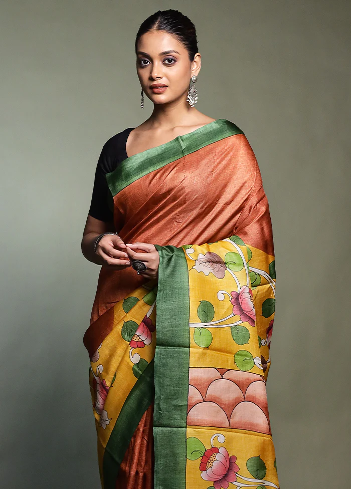 Yellow Handloom Tussar Pure Silk Saree With Blouse Piece