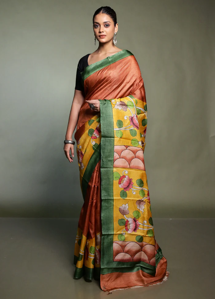 Yellow Handloom Tussar Pure Silk Saree With Blouse Piece - Image 2