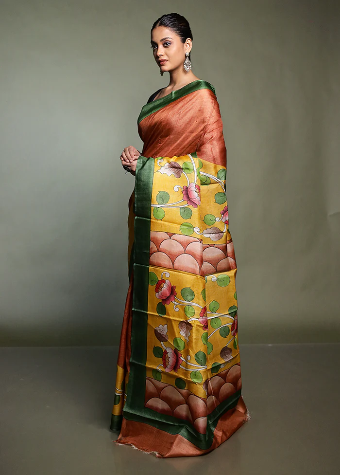 Yellow Handloom Tussar Pure Silk Saree With Blouse Piece - Image 4