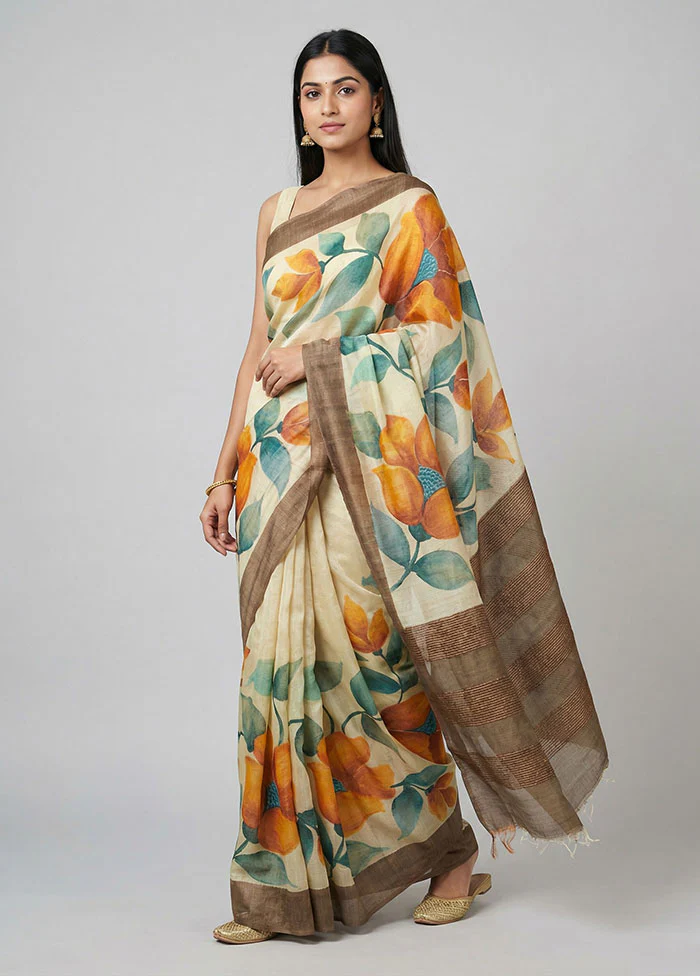 Yellow Handloom Tussar Pure Silk Saree With Blouse Piece