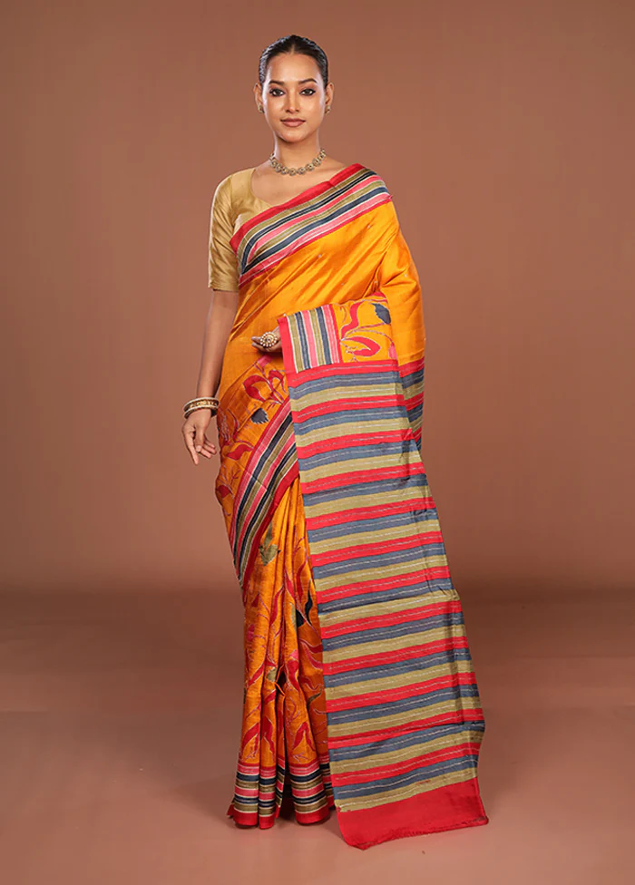 Yellow Handloom Tussar Pure Silk Saree With Blouse Piece - Image 2