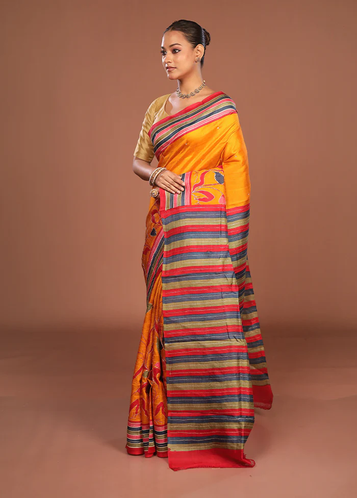 Yellow Handloom Tussar Pure Silk Saree With Blouse Piece - Image 4