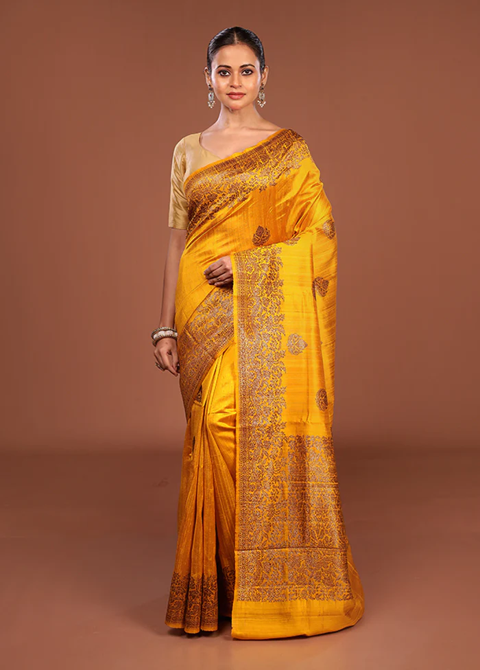 Yellow Handloom Tussar Pure Silk Saree With Blouse Piece - Image 2