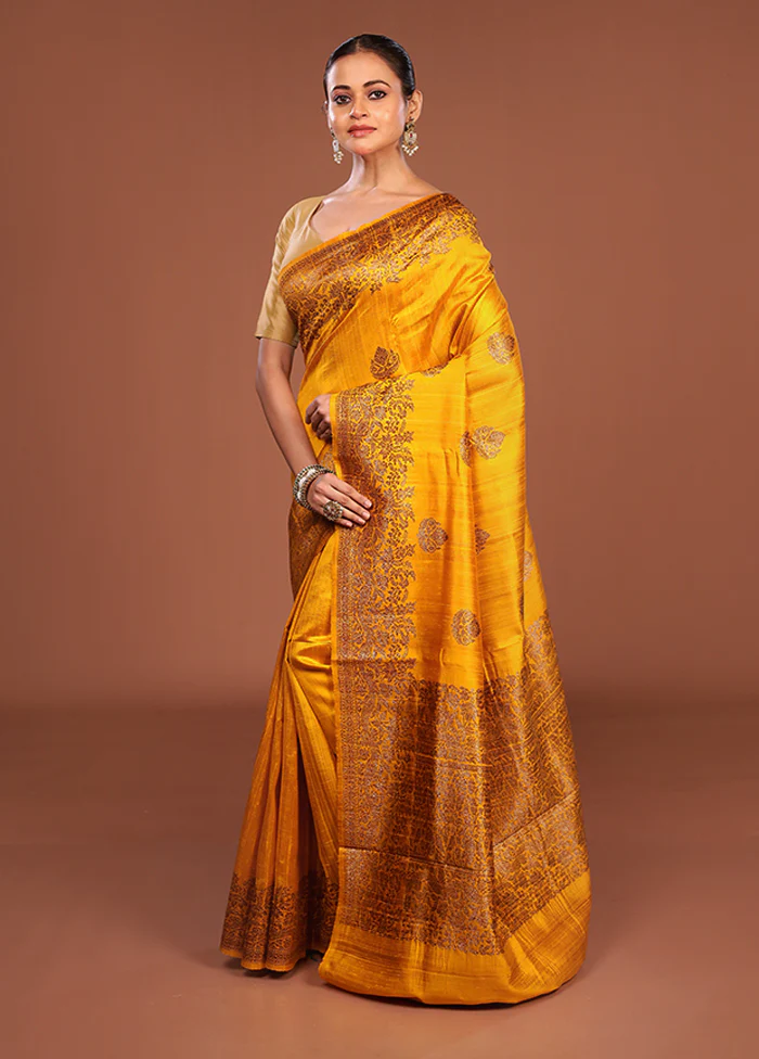 Yellow Handloom Tussar Pure Silk Saree With Blouse Piece - Image 4