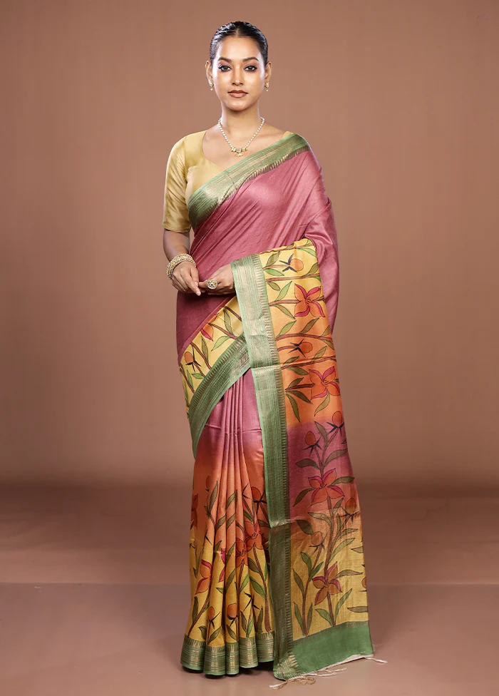Yellow Handloom Tussar Pure Silk Saree With Blouse Piece - Image 2