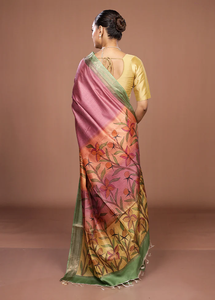 Yellow Handloom Tussar Pure Silk Saree With Blouse Piece - Image 3