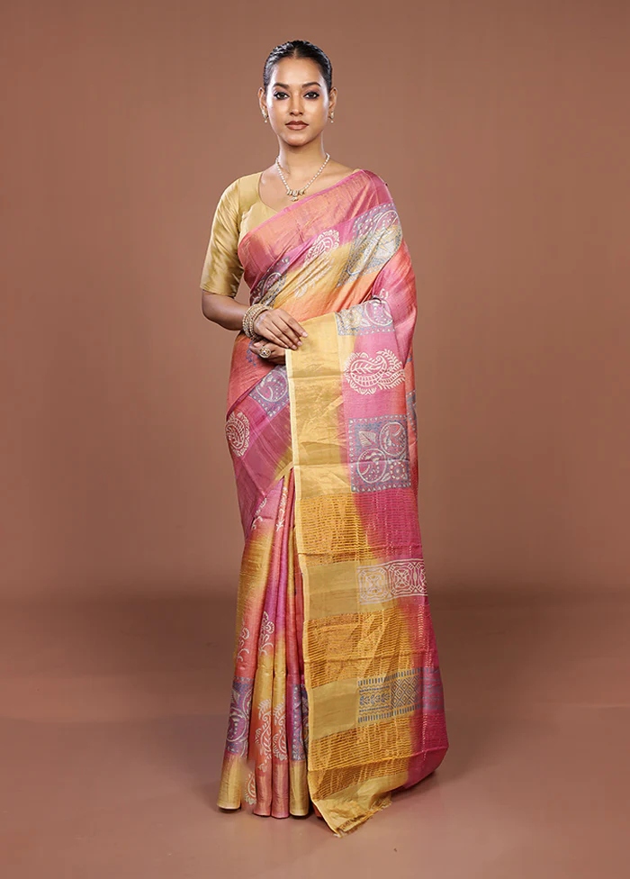 Yellow Handloom Tussar Silk Saree With Blouse Piece - Image 2