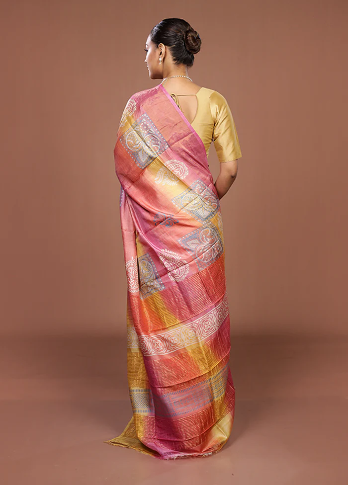 Yellow Handloom Tussar Silk Saree With Blouse Piece - Image 3