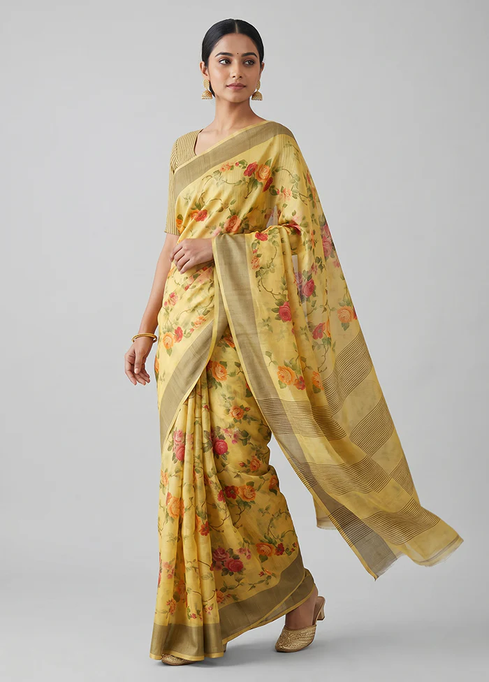 Yellow Handloom Tussar Pure Silk Saree With Blouse Piece