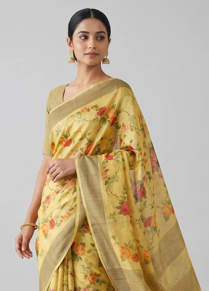 Yellow Handloom Tussar Pure Silk Saree With Blouse Piece - Image 2