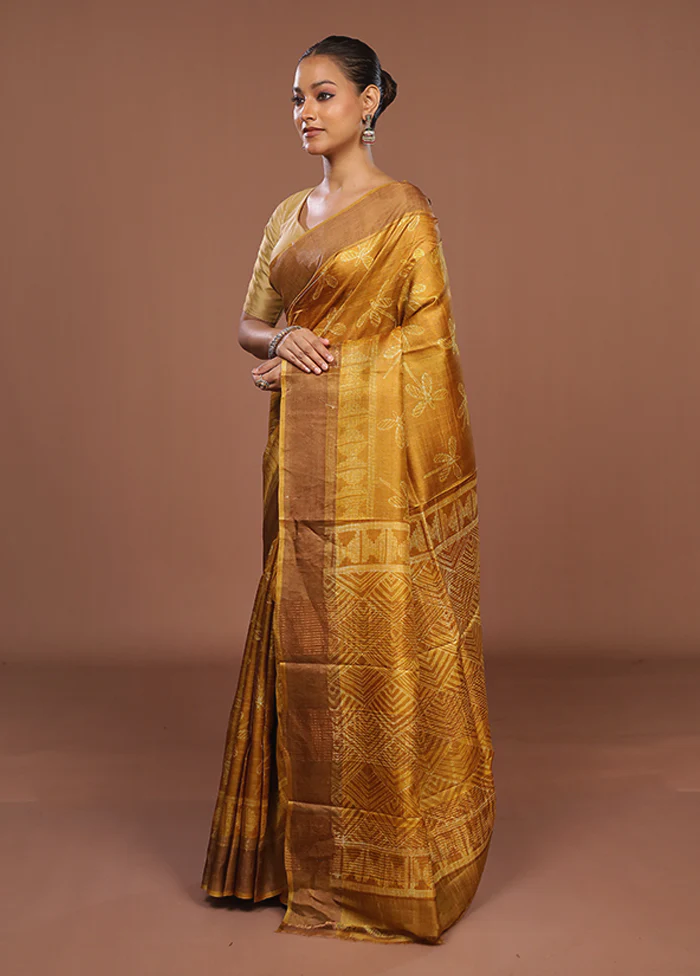 Yellow Handloom Tussar Pure Silk Saree With Blouse Piece - Image 4