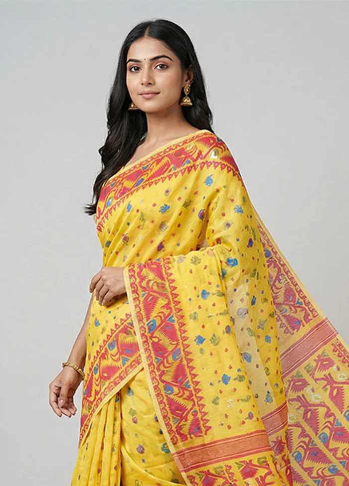 Yellow Jamdani Cotton Saree Without Blouse Piece - Image 2