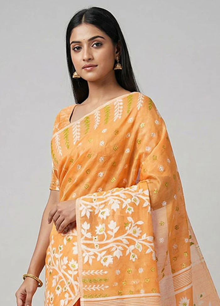 Yellow Jamdani Cotton Saree Without Blouse Piece - Image 2