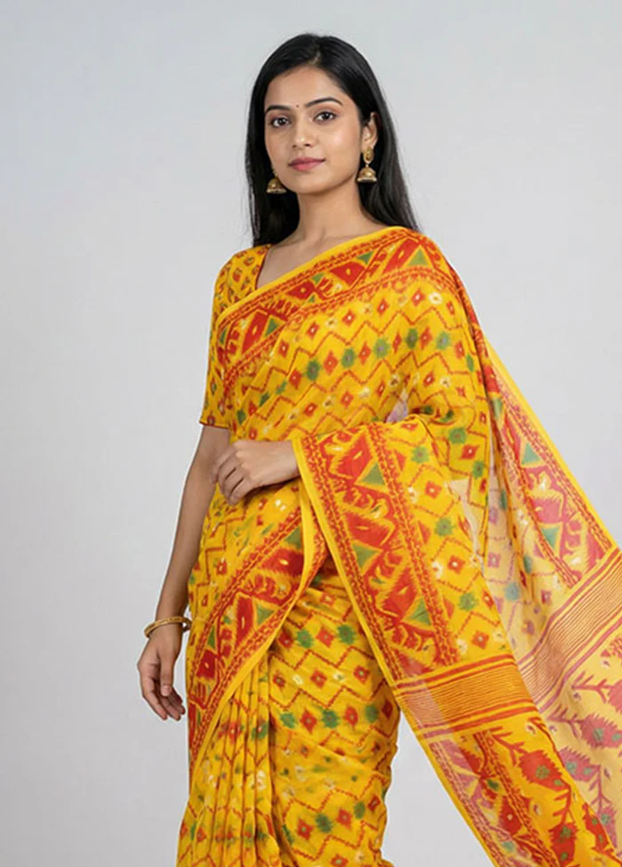 Yellow Jamdani Cotton Saree Without Blouse Piece - Image 2