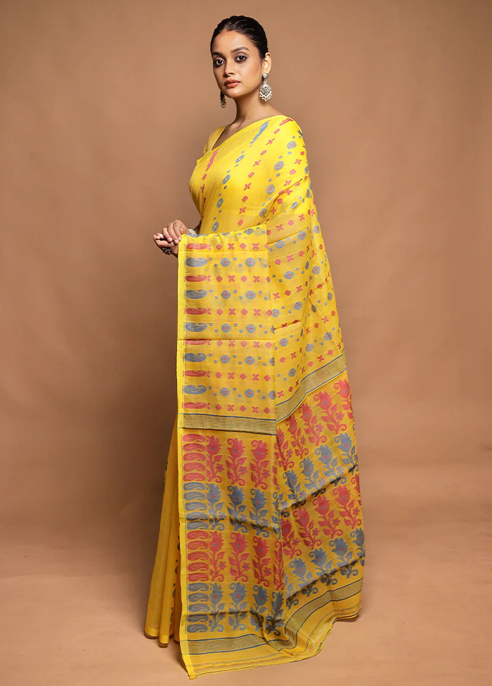 Yellow Tant Jamdani Saree Without Blouse Piece - Image 4