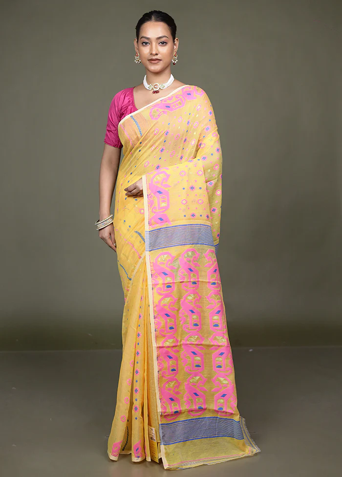 Yellow Tant Jamdani Saree Without Blouse Piece - Image 2