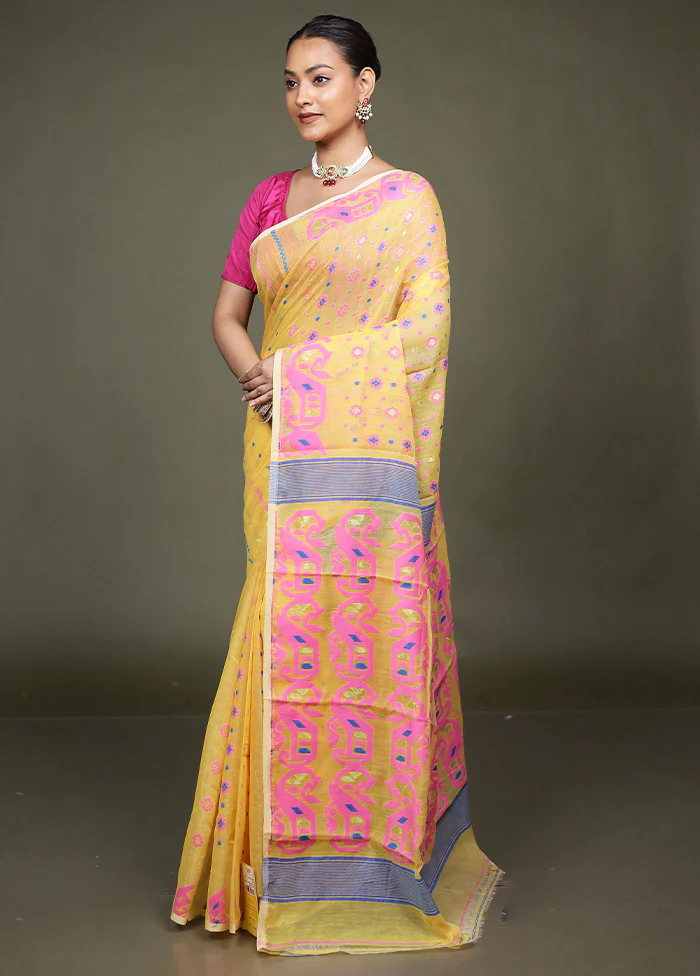 Yellow Tant Jamdani Saree Without Blouse Piece - Image 4