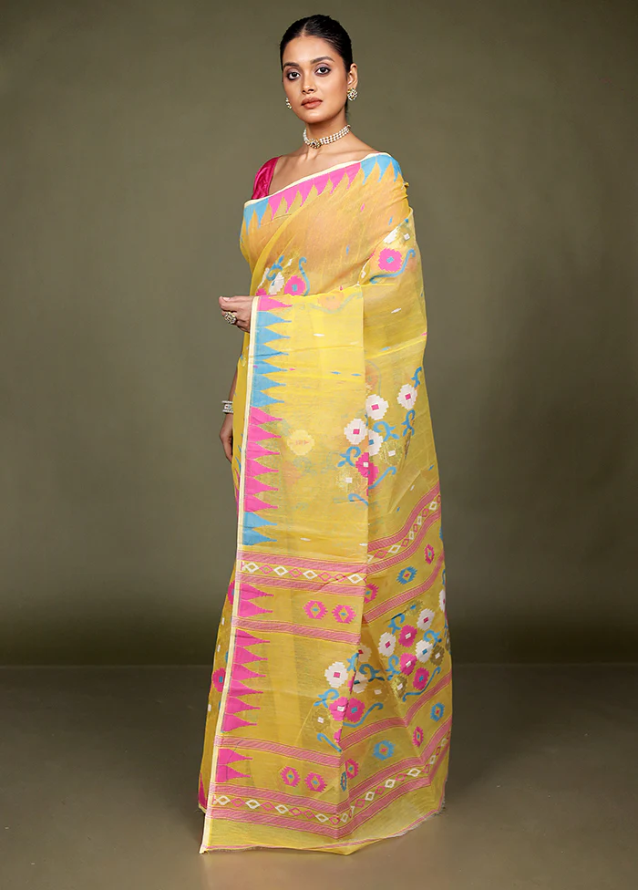 Yellow Tant Jamdani Saree Without Blouse Piece - Image 4