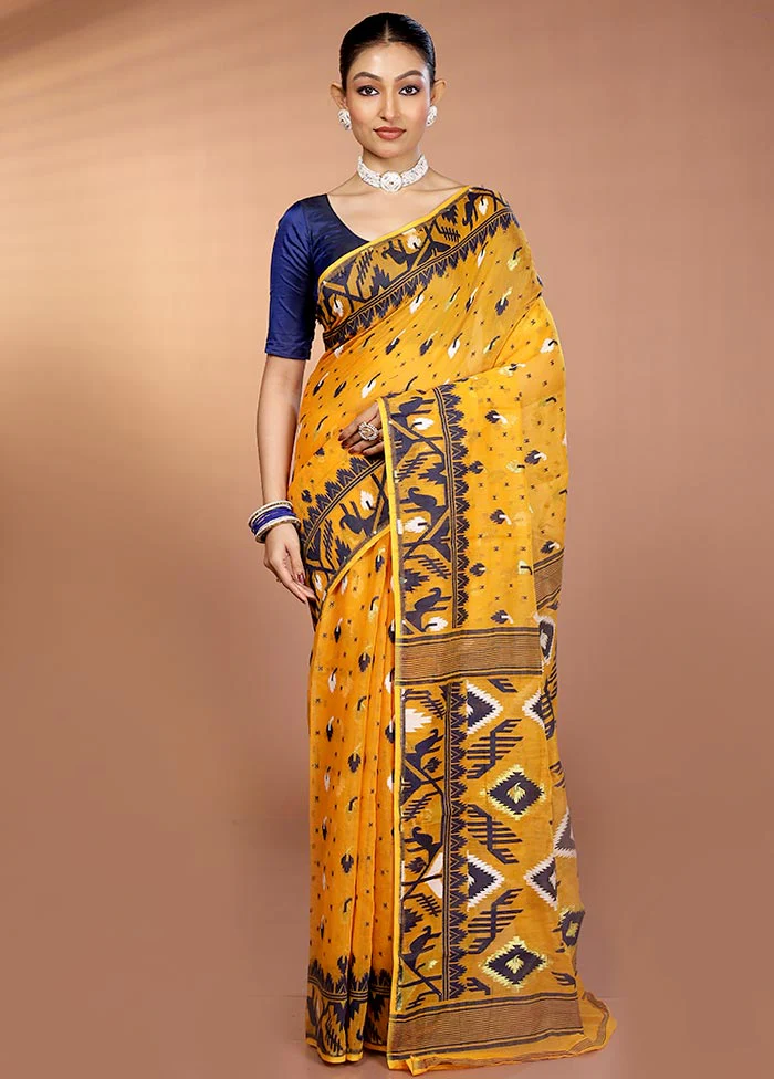 Yellow Tant Jamdani Saree Without Blouse Piece - Image 2