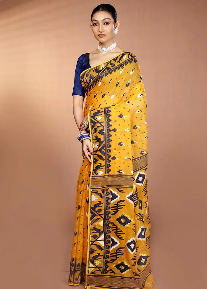 Yellow Tant Jamdani Saree Without Blouse Piece - Image 4