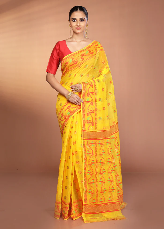 Yellow Tant Jamdani Saree Without Blouse Piece - Image 2