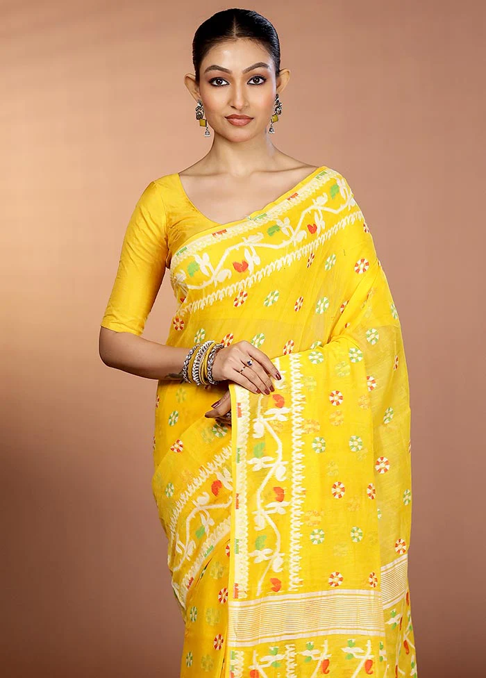 Yellow Tant Jamdani Saree Without Blouse Piece