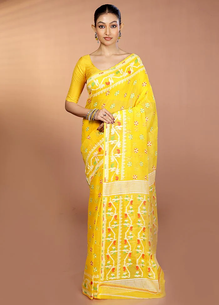 Yellow Tant Jamdani Saree Without Blouse Piece - Image 2