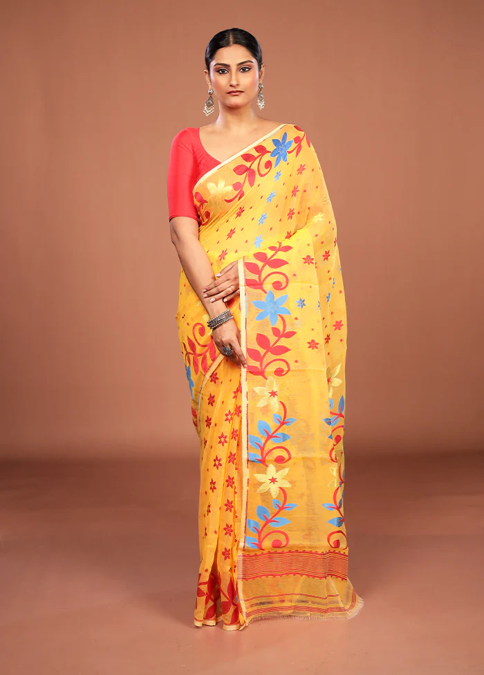 Yellow Jamdani Cotton Saree Without Blouse Piece - Image 2