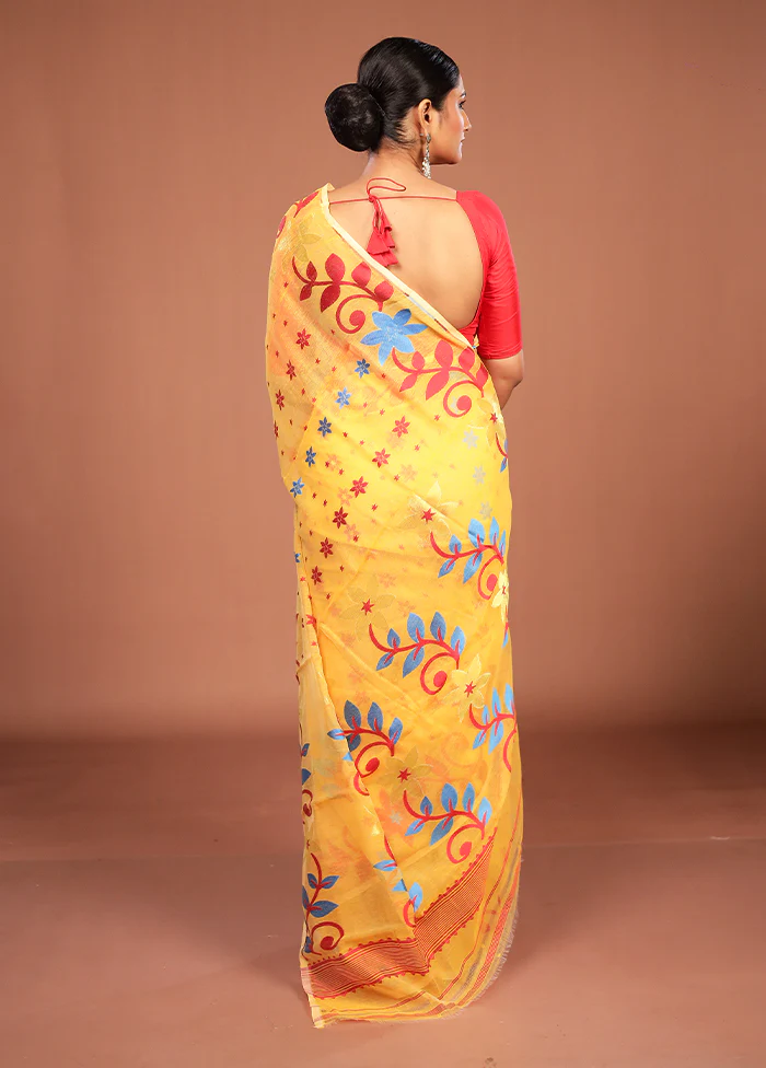 Yellow Jamdani Cotton Saree Without Blouse Piece - Image 3