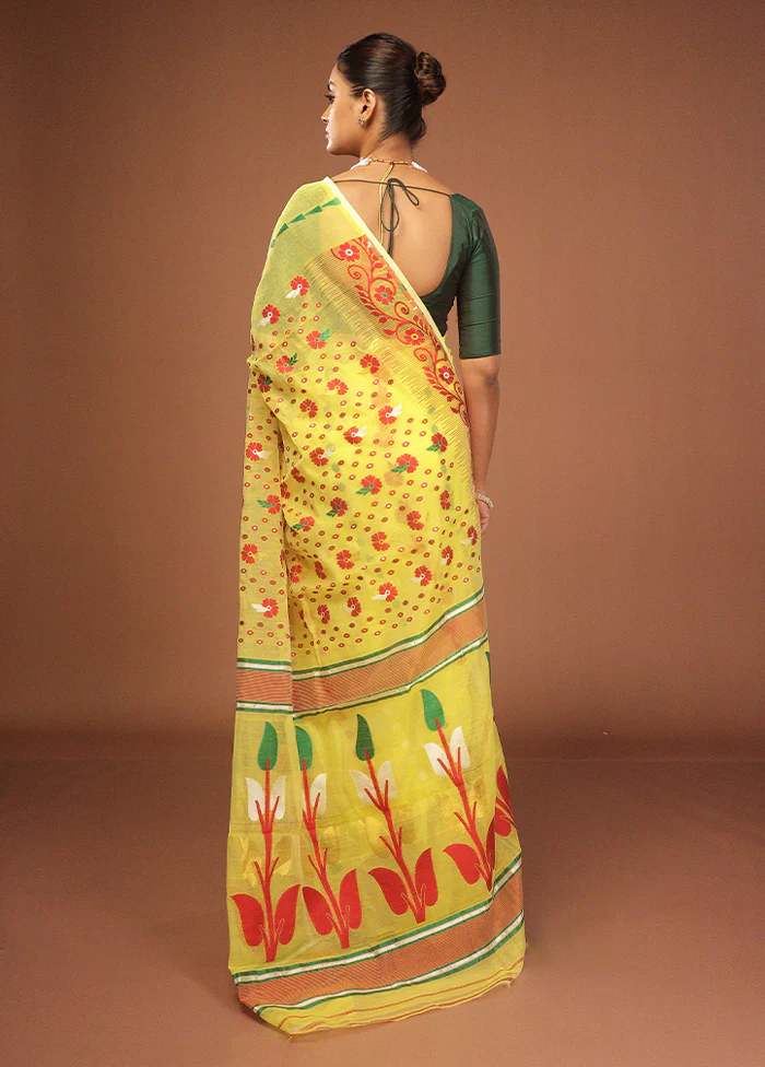 Yellow Jamdani Cotton Saree Without Blouse Piece - Image 3