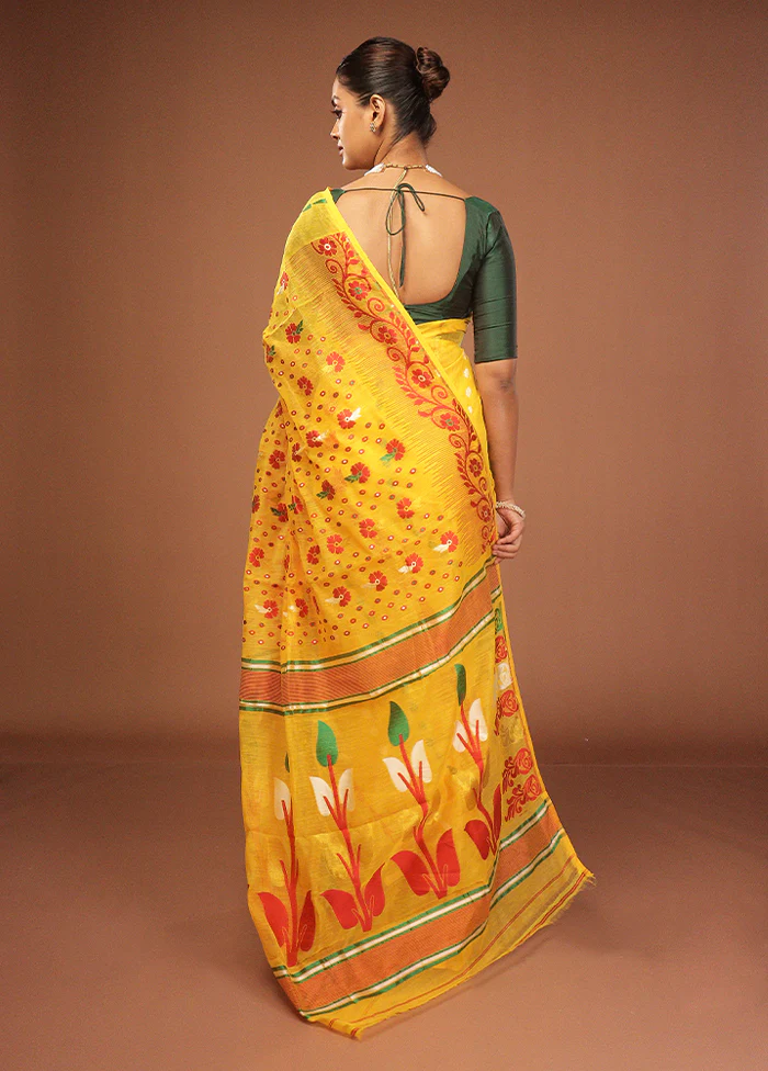 Yellow Jamdani Cotton Saree Without Blouse Piece - Image 3