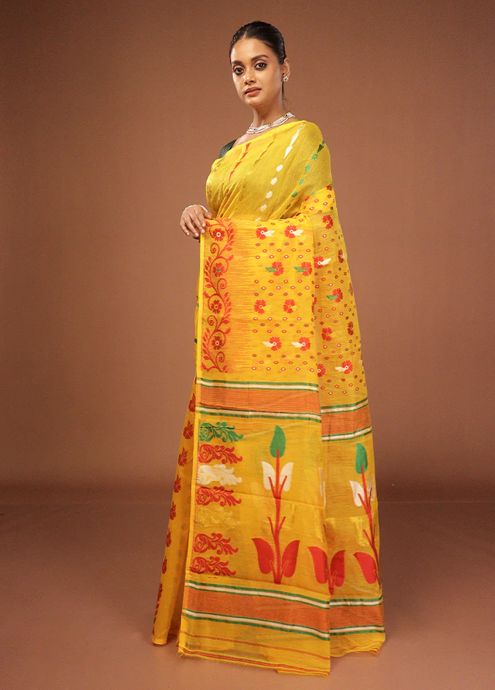 Yellow Jamdani Cotton Saree Without Blouse Piece - Image 4