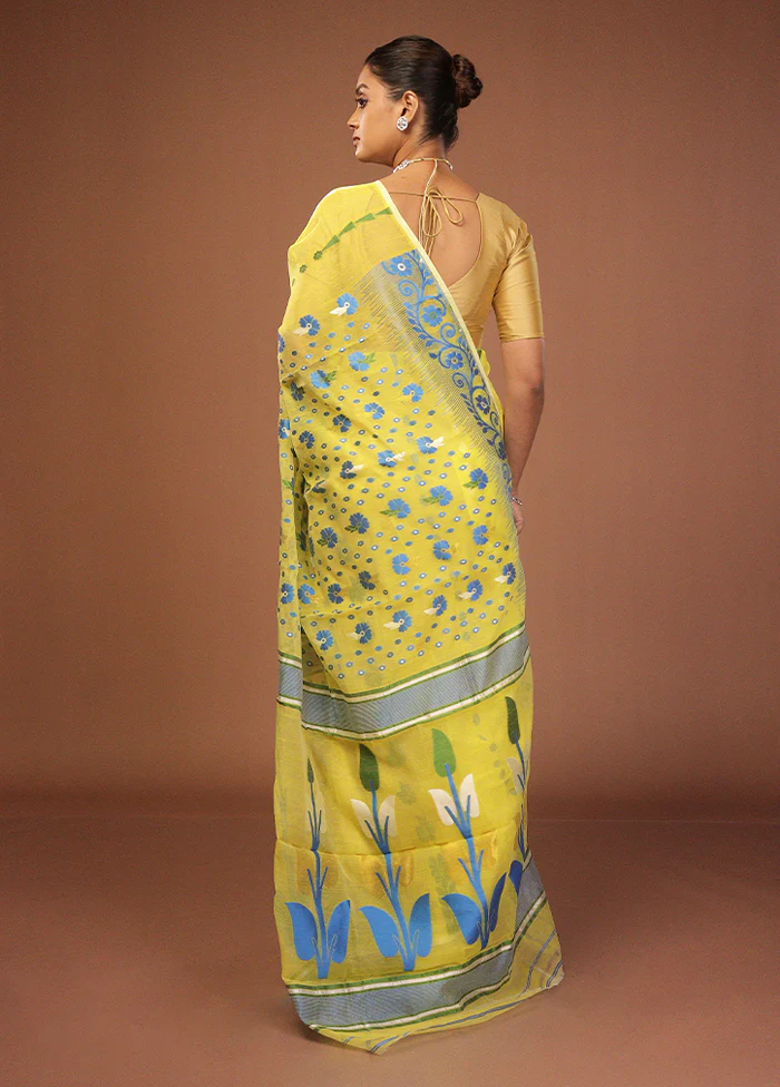 Yellow Jamdani Cotton Saree Without Blouse Piece - Image 3