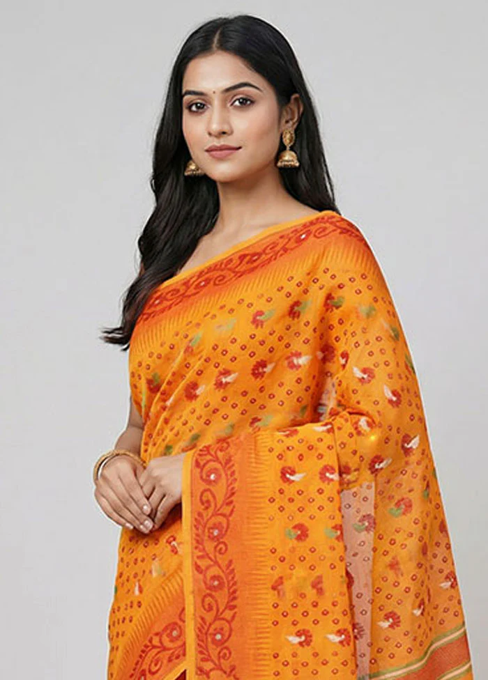 Yellow Jamdani Cotton Saree Without Blouse Piece - Image 2