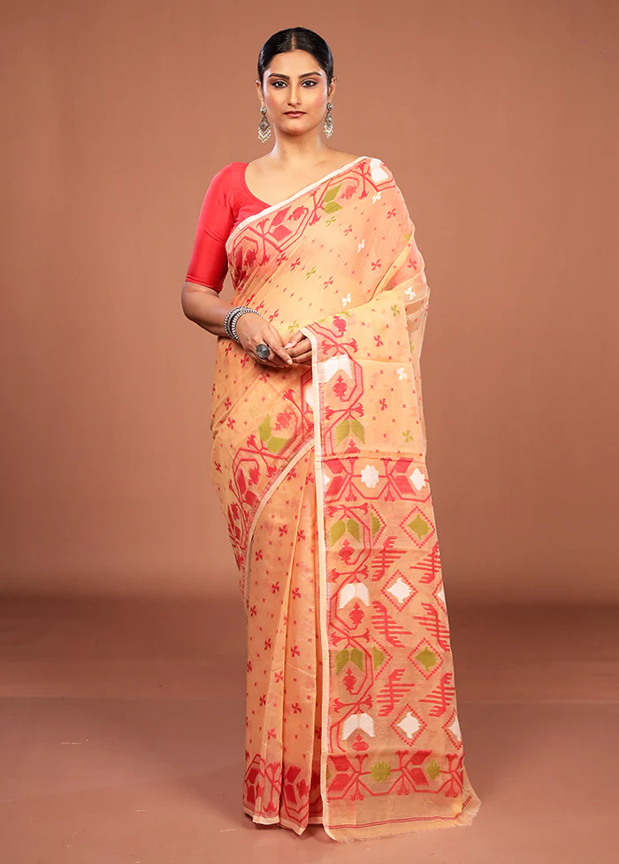 Yellow Jamdani Cotton Saree Without Blouse Piece - Image 2
