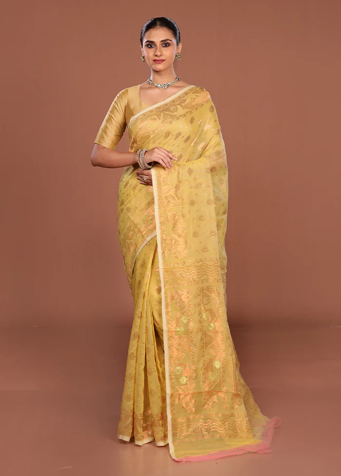 Yellow Jamdani Cotton Saree Without Blouse Piece - Image 2