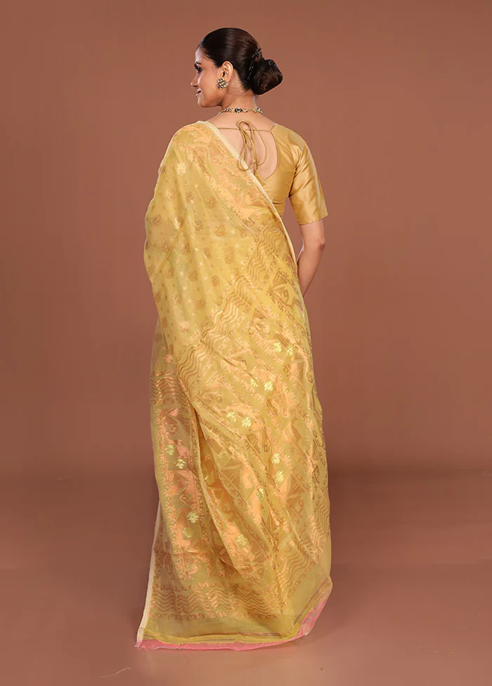 Yellow Jamdani Cotton Saree Without Blouse Piece - Image 3