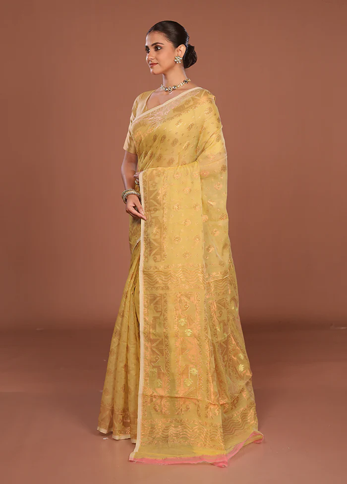 Yellow Jamdani Cotton Saree Without Blouse Piece - Image 4